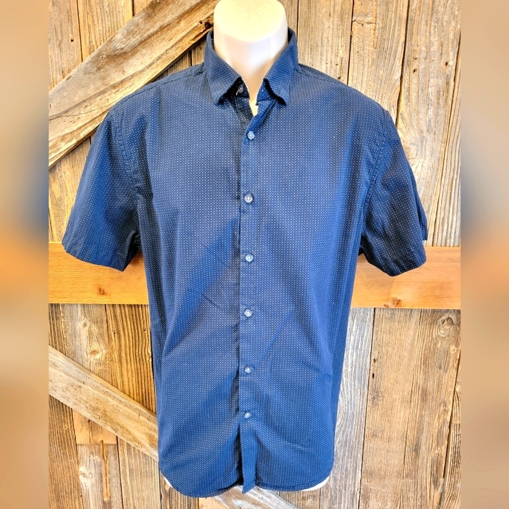 Men’s Denim and Flower Slim Fit Button Up Casual Navy Blue polka dot Large L